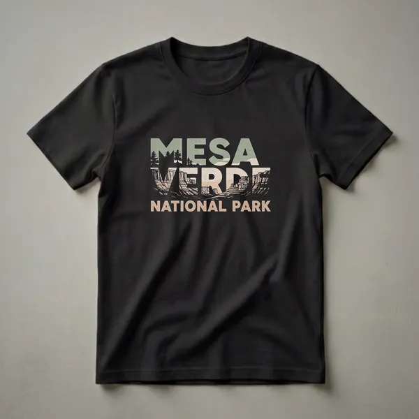 Black t-shirt with a retro graphic design for Mesa Verde National Park, featuring text integrated with canyon landscapes, cliff dwellings, and pine trees.