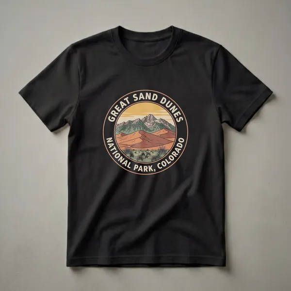 Black t-shirt featuring a circular retro design of Great Sand Dunes National Park, Colorado, with sand dunes, mountains, and text.