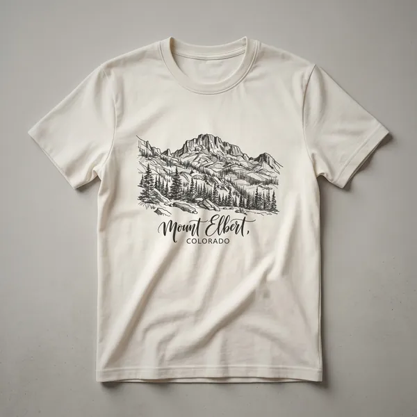 Black t-shirt with a line art sketch of Mount Elbert, Colorado, featuring pine trees and a mountain range.