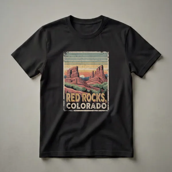 Retro graphic t-shirt featuring the Red Rocks formations in Colorado at sunset, with vintage horizontal stripes and distressed texture.