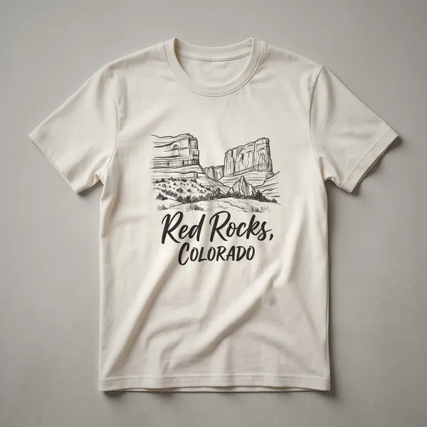 Black graphic t-shirt featuring a sketch illustration of the Red Rocks formations in Colorado with 'Red Rocks, COLORADO' text.