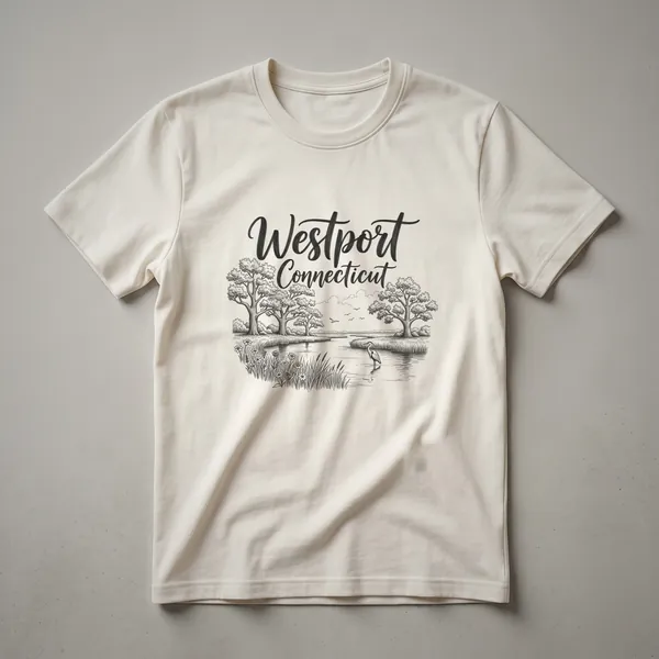 Black sketch art t-shirt featuring the words 'Westport Connecticut' above a landscape scene with trees, a heron in water, and birds in the sky.