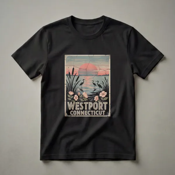 Retro graphic t-shirt featuring a sunset over water with herons and flowers, and the text 'WESTPORT CONNECTICUT' in a vintage style.