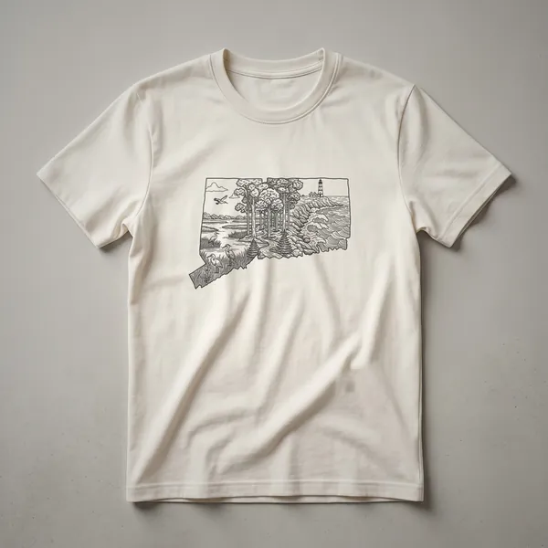 Black line art illustration of the Connecticut state map outline filled with natural scenes including a lighthouse on a cliff, a forest, a marsh with wading birds, and a bird in flight.