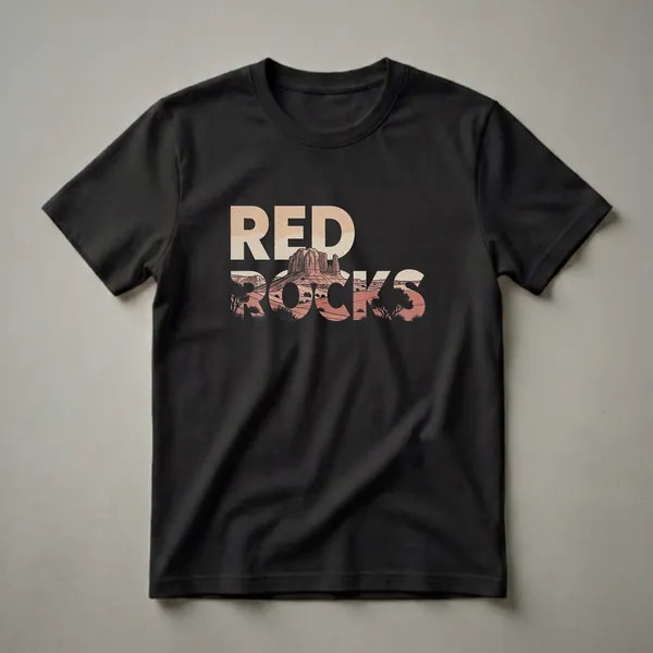 Black t-shirt with retro graphic design spelling out 'RED ROCKS' filled with a desert landscape featuring sandstone formations, sparse vegetation, and rolling hills.