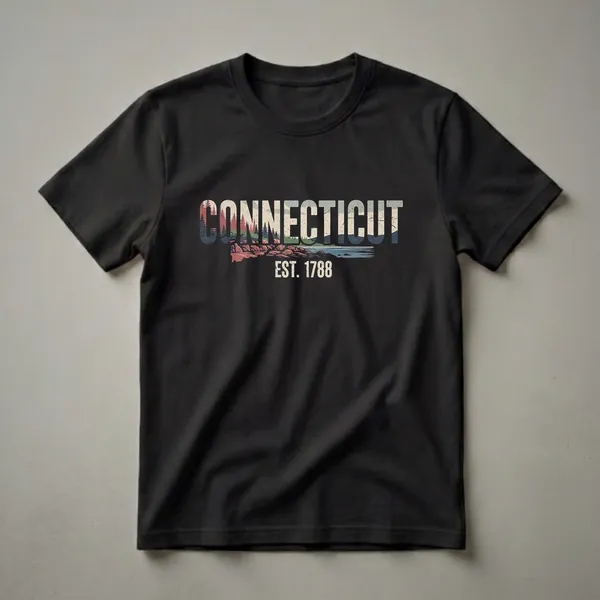 Black t-shirt with the word CONNECTICUT filled with a vintage landscape of pine trees, rocks, and water, and EST. 1788 below.