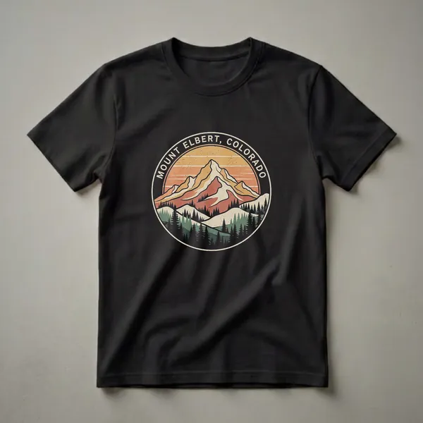 Retro circular graphic t-shirt design featuring Mount Elbert, Colorado, with a sunset, pine trees, and mountain landscape.