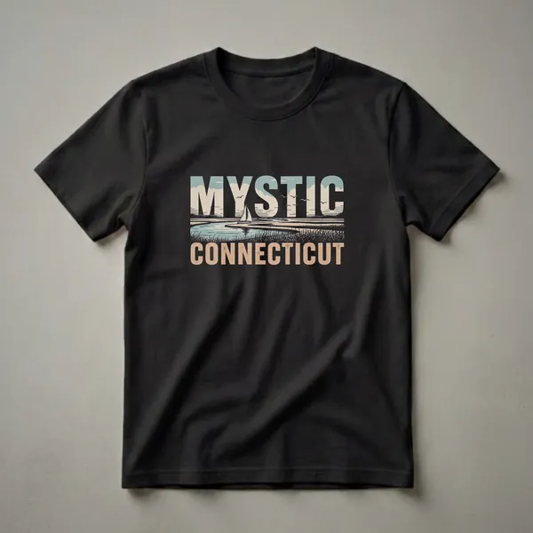 Black t-shirt with a retro graphic design that says MYSTIC CONNECTICUT, featuring a sailboat on a river, marsh grass, and seagulls in the sky.