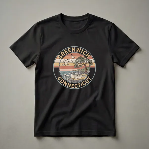 A retro graphic t-shirt design for Greenwich, Connecticut, featuring a seal on a beach with seagulls and a sunset.