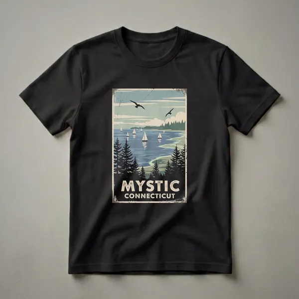 A retro graphic t-shirt design featuring sailboats on the water with pine trees in the foreground, and the text 'MYSTIC CONNECTICUT' at the bottom.