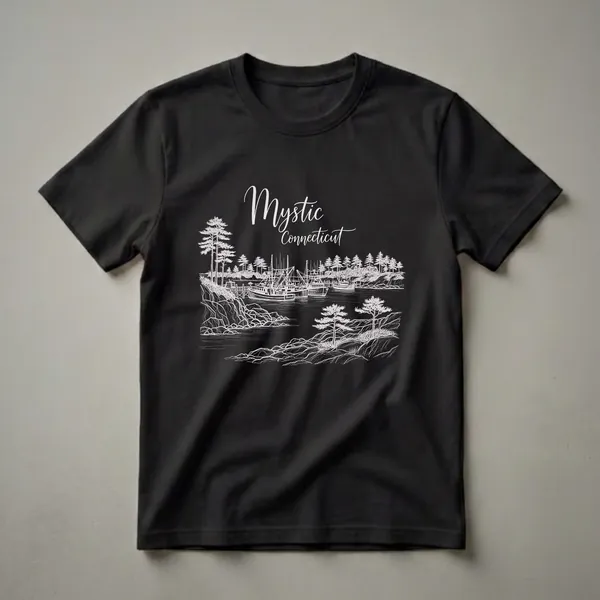 Black t-shirt with a white line drawing of Mystic, Connecticut, showing fishing boats docked in a harbor with pine trees and rocky shores.