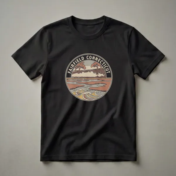Black t-shirt featuring a circular retro graphic of Fairfield, Connecticut, depicting trees, marshland, and ocean waves in muted earth tones.