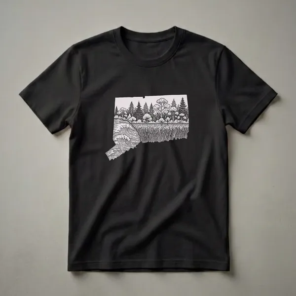 Light-colored t-shirt featuring a black line drawing of the Connecticut state outline filled with a landscape of ocean waves, tall grass, and a forest of pine and deciduous trees.