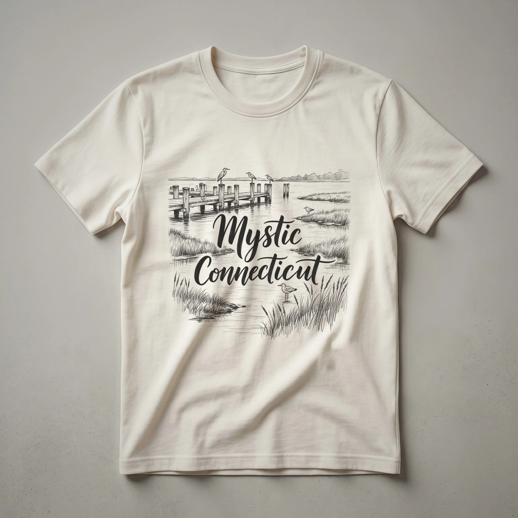 A black graphic t-shirt featuring a line art sketch of a Mystic, Connecticut waterfront scene with a wooden pier, birds on pilings, and reeds in the foreground.