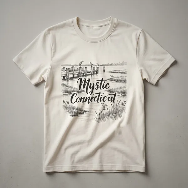 A black graphic t-shirt featuring a line art sketch of a Mystic, Connecticut waterfront scene with a wooden pier, birds on pilings, and reeds in the foreground.