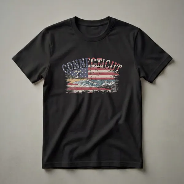 A black t-shirt featuring a distressed American flag design with the word CONNECTICUT, a lighthouse, coastal waves, and seagulls.