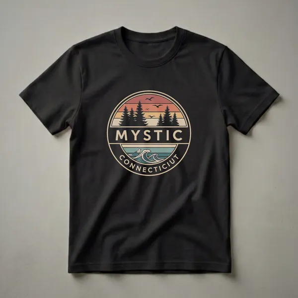 Black t-shirt featuring a circular retro design with the text MYSTIC CONNECTICUT, a sunset, pine trees, birds, and ocean waves.