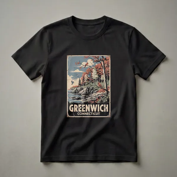 A retro graphic t-shirt design featuring a coastal scene of Greenwich, Connecticut with rocky shores, autumn trees, and flying birds, including a cardinal and a blue jay.