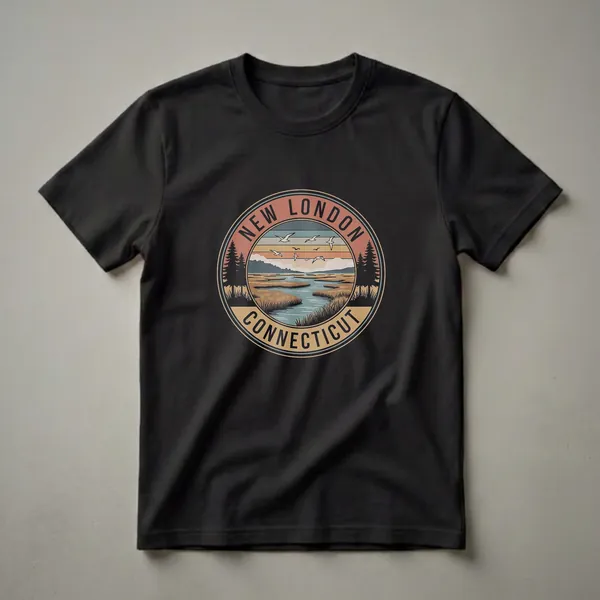 Graphic t-shirt featuring a retro circular design of a New London, Connecticut marsh landscape at sunset with seagulls flying.