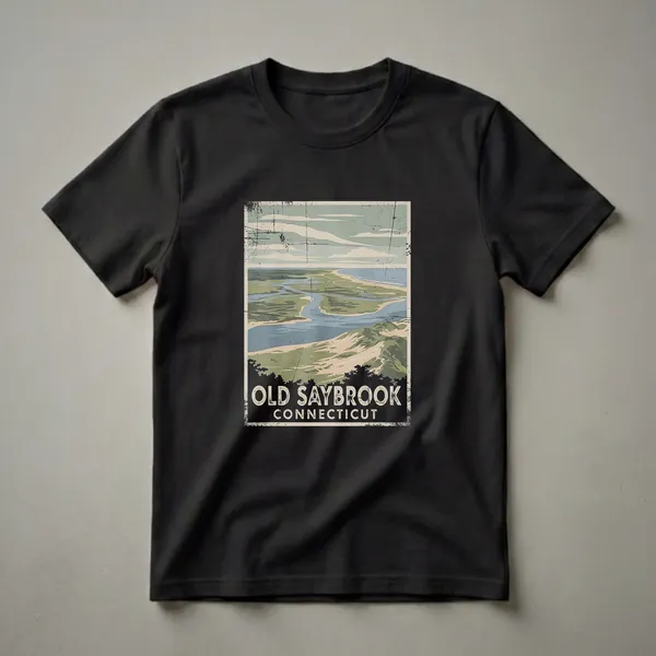 Black t-shirt featuring a retro graphic art design of Old Saybrook, Connecticut's coastal landscape with rivers, marshes, and the ocean, rendered in muted green, blue, and tan tones with a distressed effect.