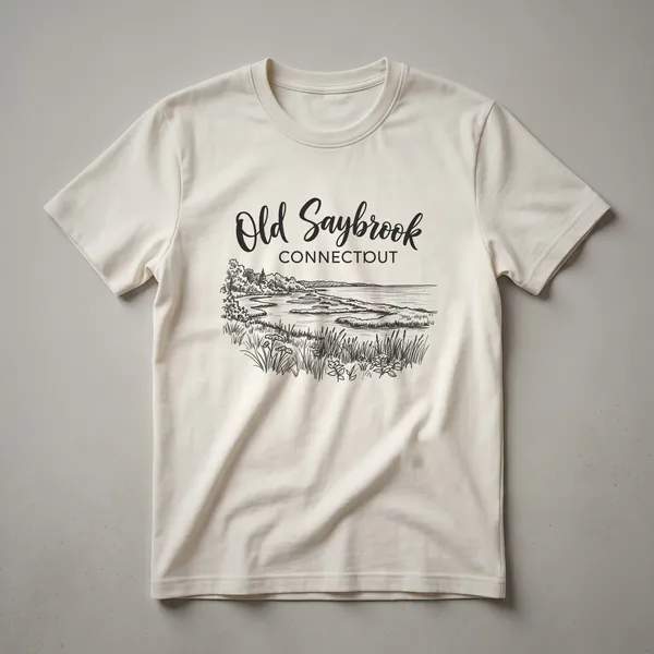 Black sketch art design on a t-shirt featuring the text 'Old Saybrook CONNECTICUT' above a landscape of water, trees, and reeds.