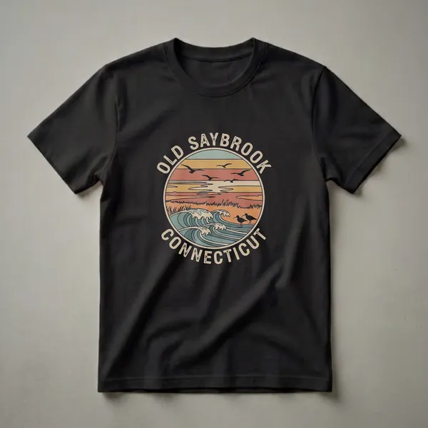 Black t-shirt featuring a circular retro design of Old Saybrook, Connecticut, with a sunset, waves, seabirds, and shorebirds.