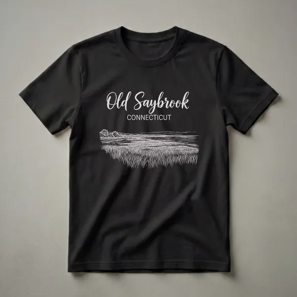 Black t-shirt with white vintage line art of Old Saybrook, Connecticut, featuring tall grasses, water, trees, and hills, with the town name in script and block letters.