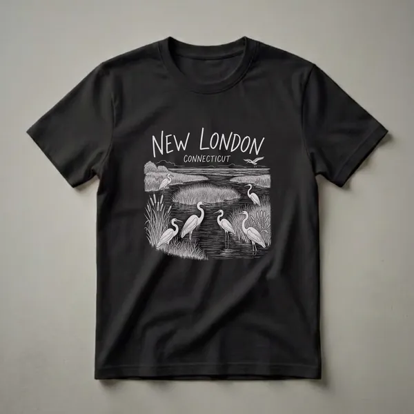 Black t-shirt featuring a white line drawing of a marsh scene with multiple herons, cattails, and reeds, with the text 'NEW LONDON CONNECTICUT' at the top.