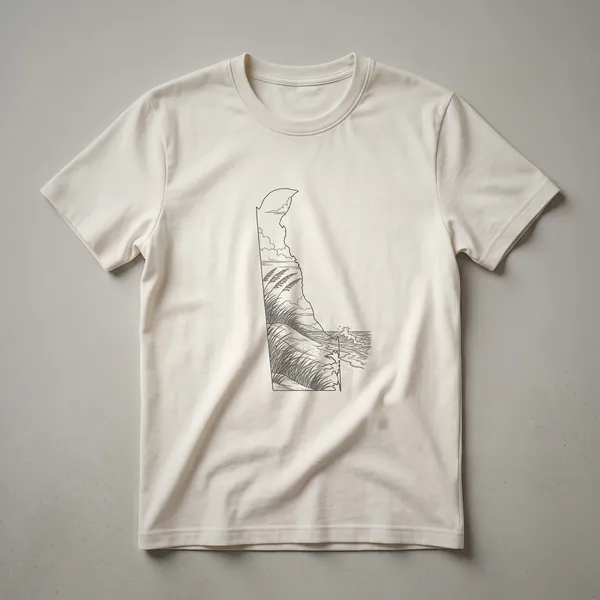 Black line art sketch of the state of Delaware on a black t-shirt, depicting coastal waves and marsh grasses.