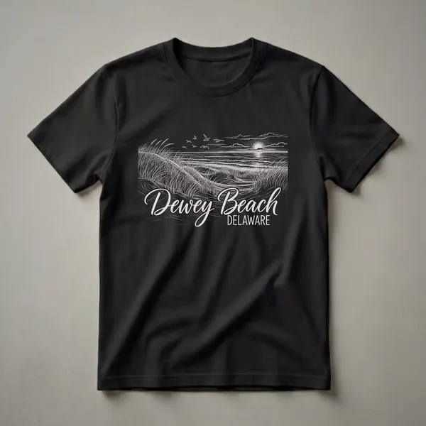 Black t-shirt with a vintage line drawing of Dewey Beach, Delaware at sunset, featuring sand dunes, ocean waves, seagulls, and the text 'Dewey Beach DELAWARE'.