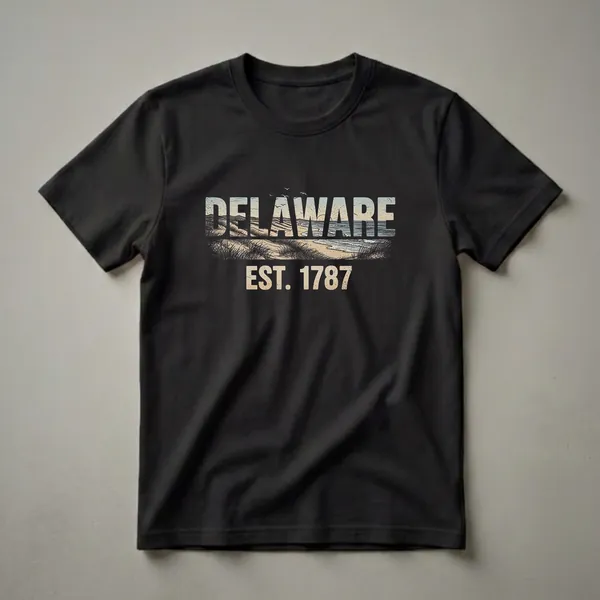 Black t-shirt with a retro graphic design. The word DELAWARE is filled with a beach scene including dunes, grass, ocean, and seagulls. Below it reads EST. 1787 in a distressed font.