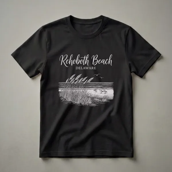 Black t-shirt with a vintage white drawing of Rehoboth Beach, Delaware, featuring sea grass, three seagulls on the sand, and ocean waves.