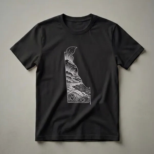 Black t-shirt with a white line art illustration of the state of Delaware, depicting horseshoe crabs, ocean waves, a river, marsh grass, and a starry sky.