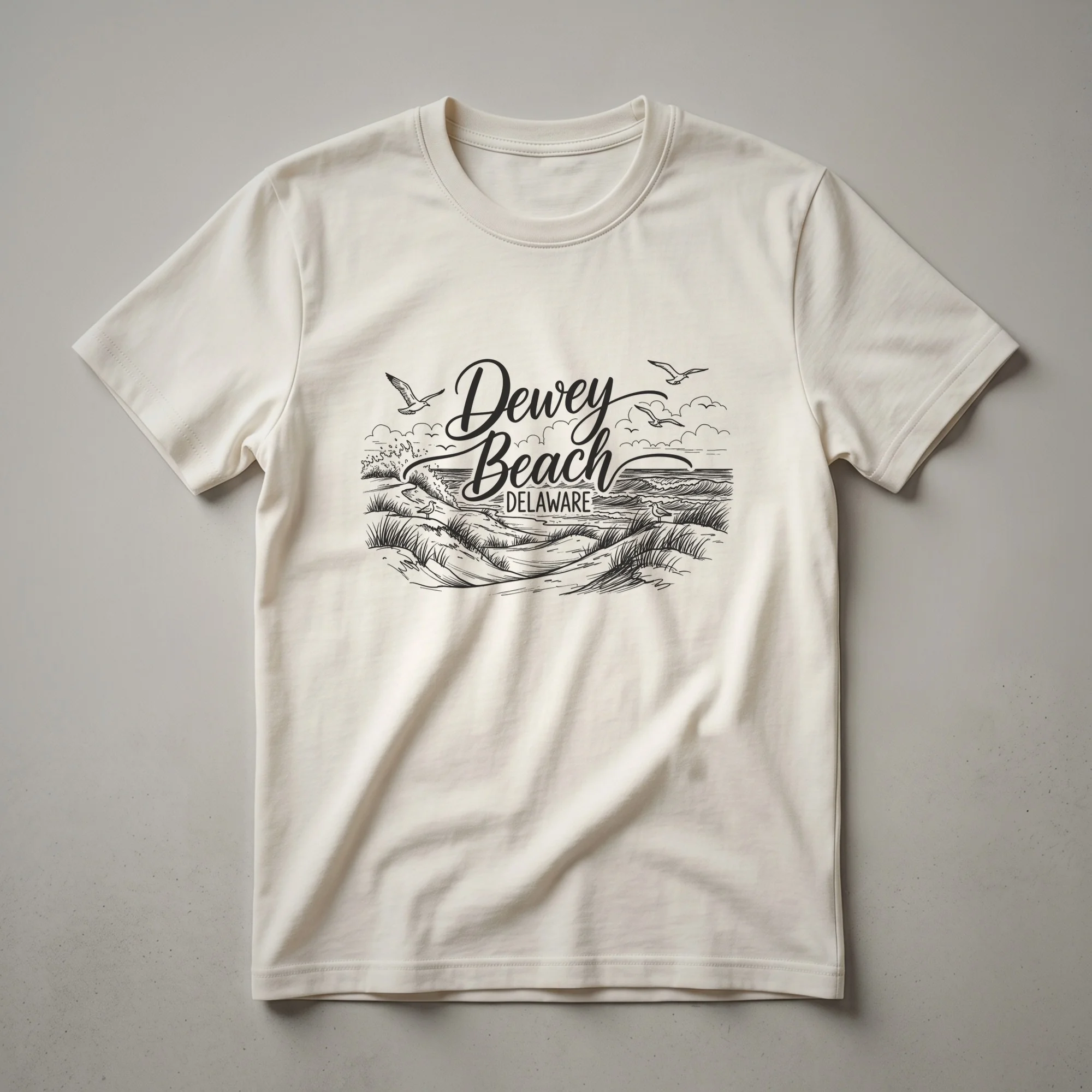 Black sketch art graphic t-shirt featuring the words Dewey Beach Delaware, with a beach scene of sand dunes, grass, ocean waves, and seagulls.