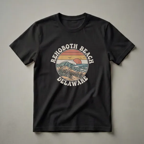 A black t-shirt featuring a circular retro graphic of a sunset over waves and beach grass, with 'REHOBOTH BEACH DELAWARE' text.