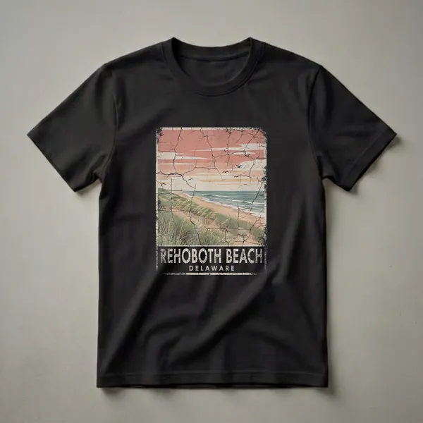 Graphic t-shirt featuring a retro design of Rehoboth Beach, Delaware, with dunes, ocean waves, a pastel sky, and distressed textures.