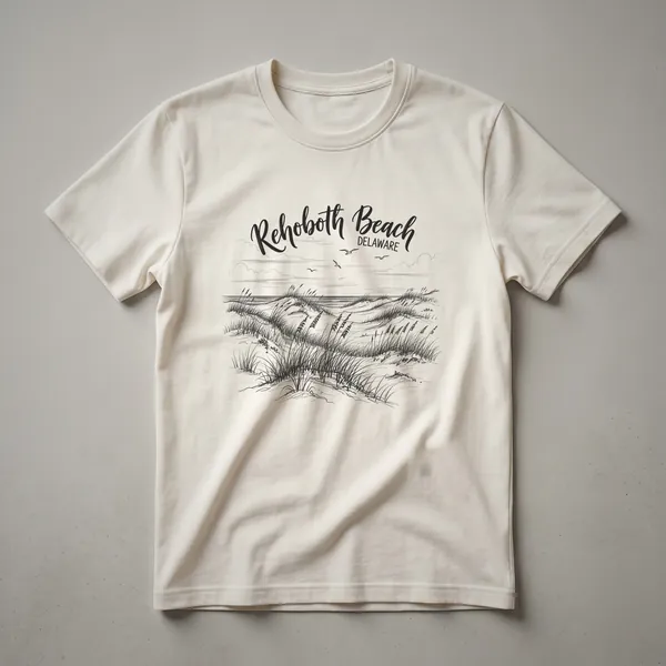 Black sketch art design on a t-shirt depicting Rehoboth Beach, Delaware, with dunes, sea grass, ocean, and seagulls.