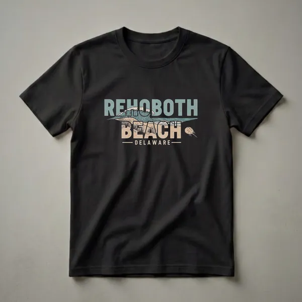 Black t-shirt featuring a retro graphic design with the words Rehoboth Beach Delaware, an ocean wave, sandy beach, dune grass, and a horseshoe crab.