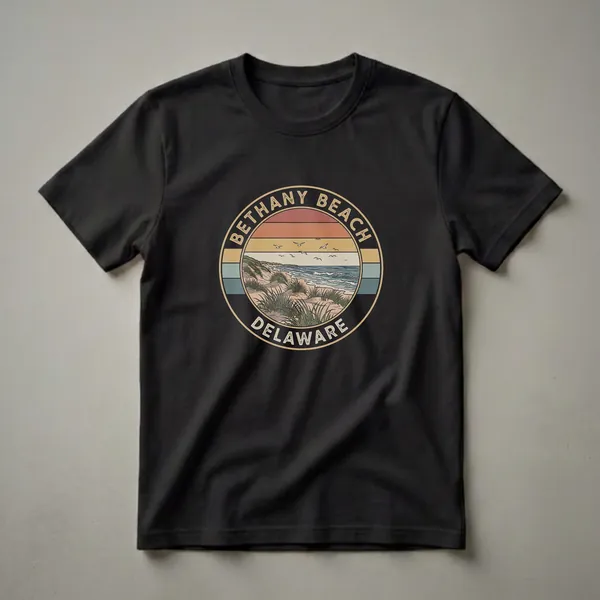 Black t-shirt featuring a circular retro graphic of Bethany Beach, Delaware, with a sunset, ocean waves, sand dunes, and seagulls.