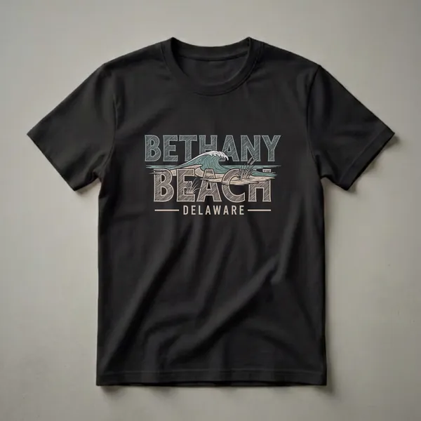 Black t-shirt with a retro graphic design that reads "BETHANY BEACH DELAWARE" featuring a large ocean wave and beach grass.