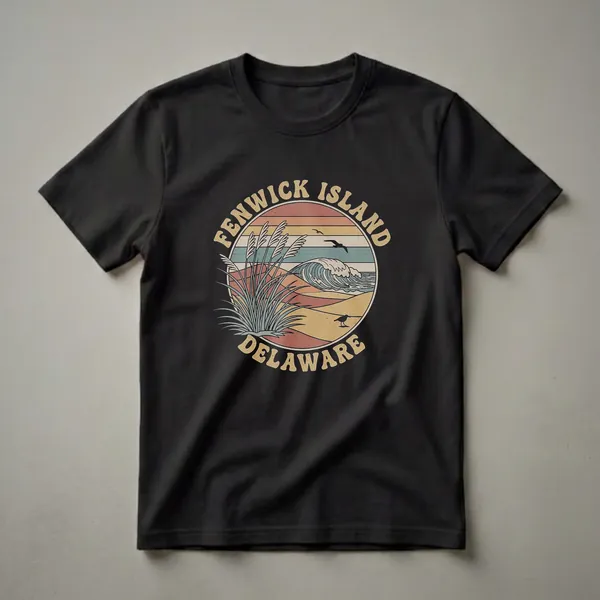 Black t-shirt featuring a circular retro graphic of Fenwick Island, Delaware, with beach grass, a wave, sand dunes, seagulls, and a striped sunset.