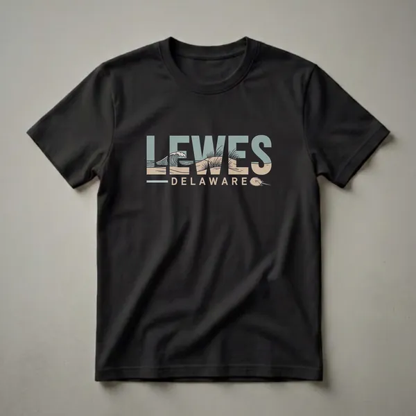 Black t-shirt featuring a retro graphic design with the word 'LEWES' incorporating a beach scene of waves, sand, and grass, and the word 'DELAWARE' below, with a horseshoe crab illustration.