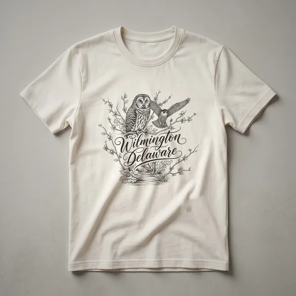 Black graphic t-shirt featuring a line art sketch of an owl and a falcon on branches with flowers, above the text 'Wilmington Delaware'.