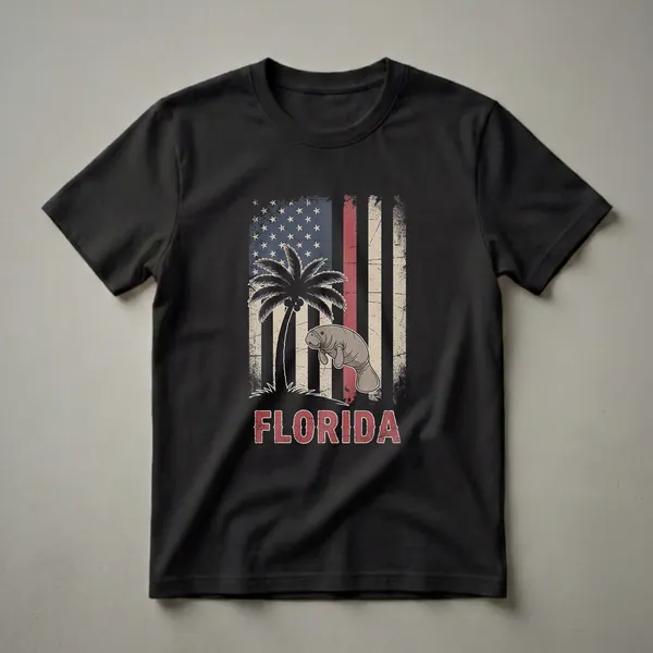 A distressed American flag graphic t-shirt featuring a palm tree, a manatee, and the word 'FLORIDA' in a retro font.