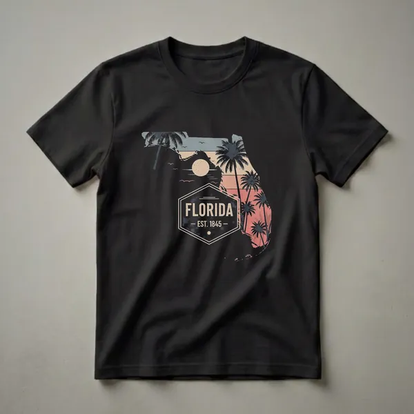 Black t-shirt featuring a retro graphic of the Florida state outline filled with a sunset scene, palm trees, and the text 'FLORIDA EST. 1845'.