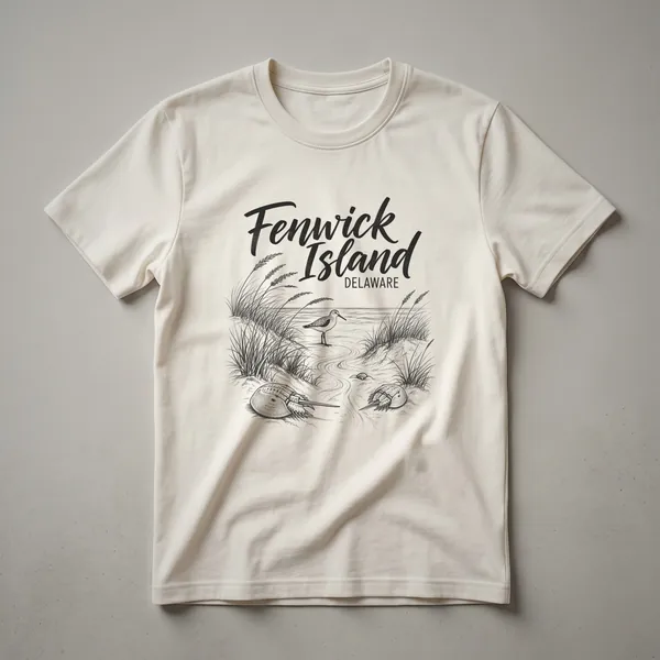 Black t-shirt with a sketch art design of Fenwick Island, Delaware, showing beach grass, a sandpiper, and two horseshoe crabs.