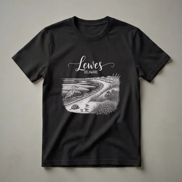 Black t-shirt with a vintage-style drawing of a coastal marsh in Lewes, Delaware, featuring a heron, horseshoe crab, sandpipers, marsh grasses, and wildflowers.