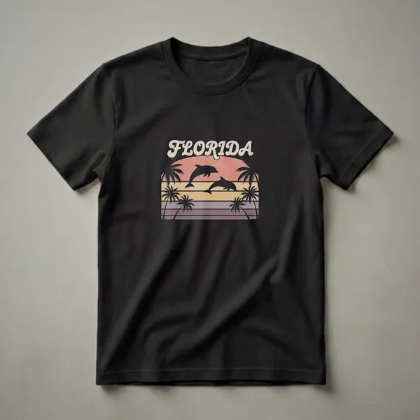 Black t-shirt with a retro graphic featuring the word "FLORIDA" in cream, two black dolphin silhouettes jumping, palm trees, and horizontal stripes in sunset colors.