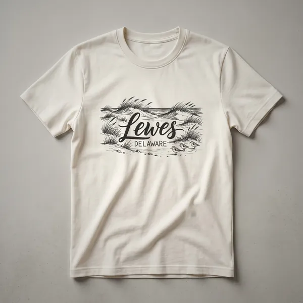 Black and white sketch graphic on a t-shirt, showing the word 'Lewes' in script above 'DELAWARE' in block letters, with beach grass, sand dunes, and three shorebirds.