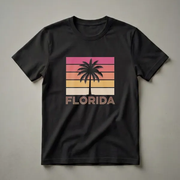 Black t-shirt with a retro Florida sunset design featuring a palm tree silhouette and the word FLORIDA in a stylized font.